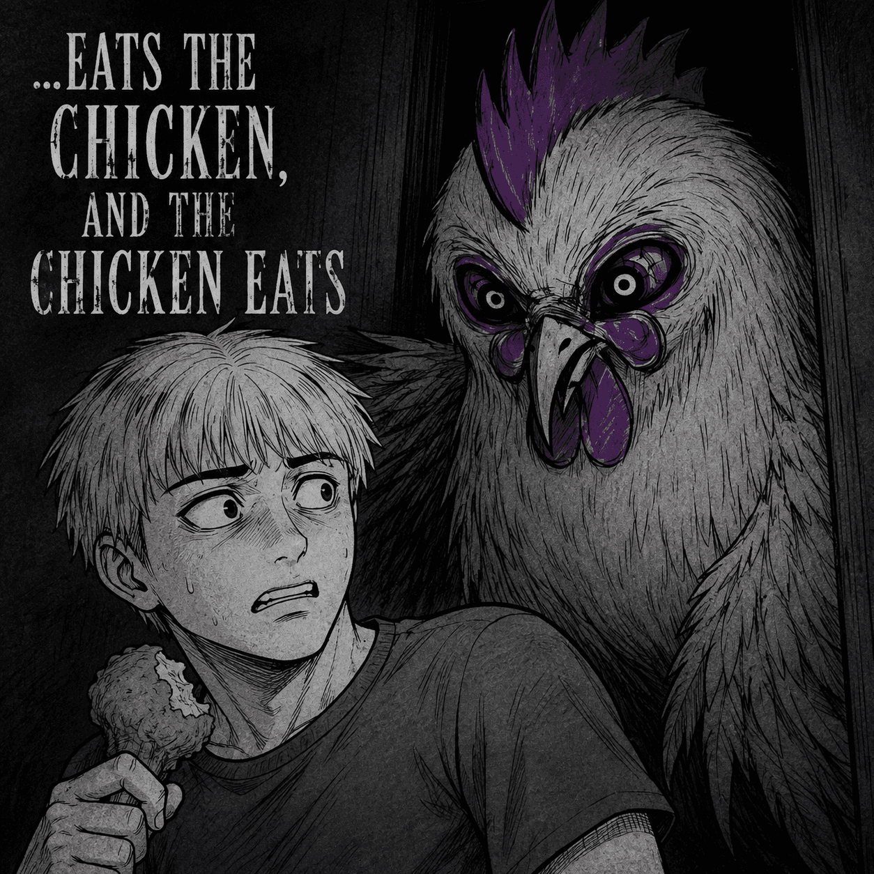 Eats the chicken, and the chicken eats